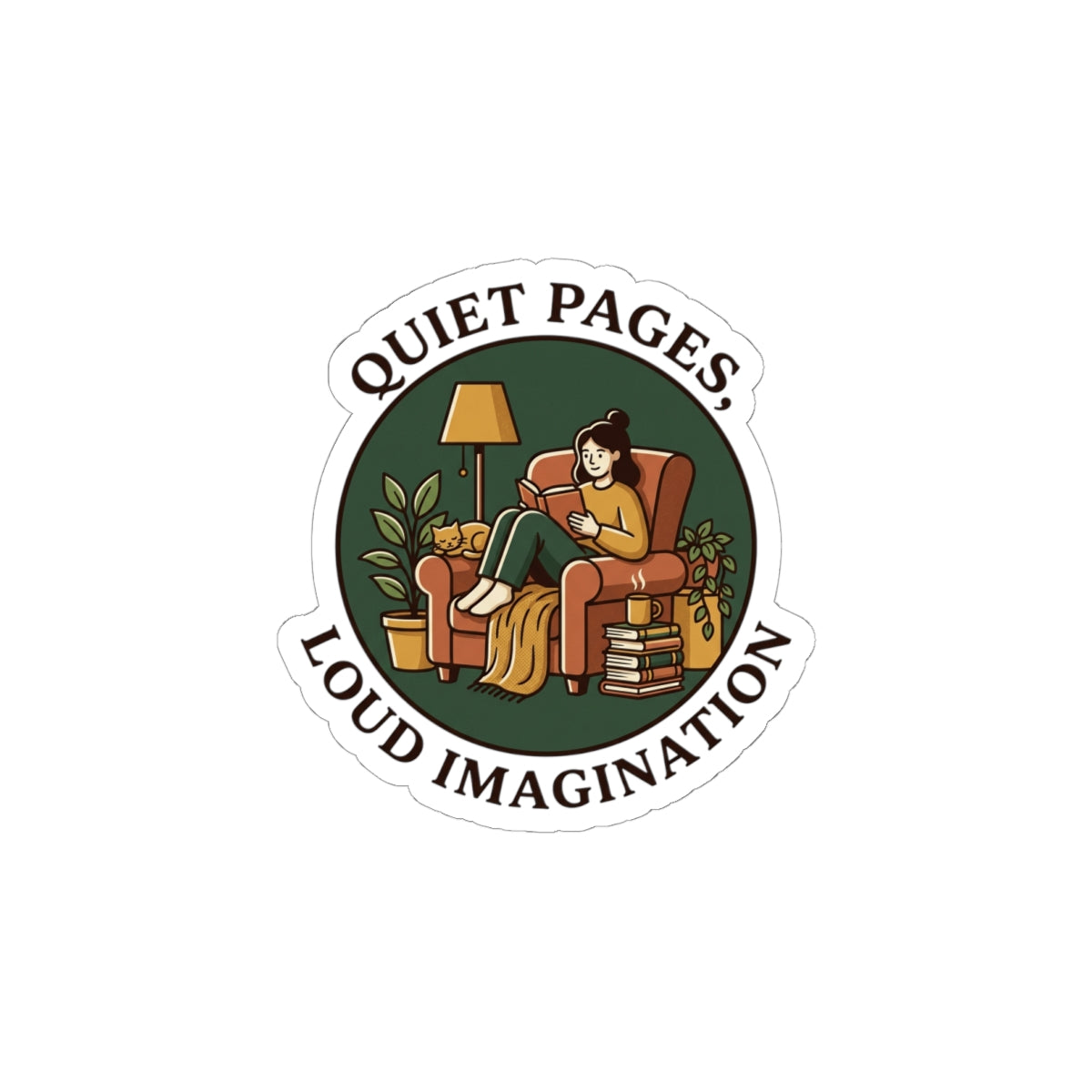 Quiet Pages Loud Imagination Kiss-Cut Stickers | book lover, cozy reading, library aesthetic