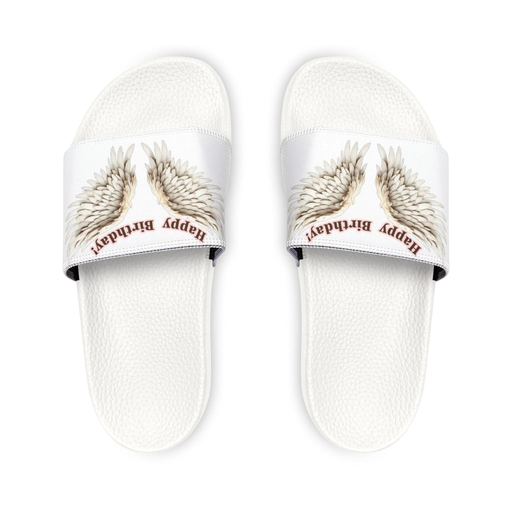 Youth Slide Sandals — "Happy Birthday" Feather Wings Design