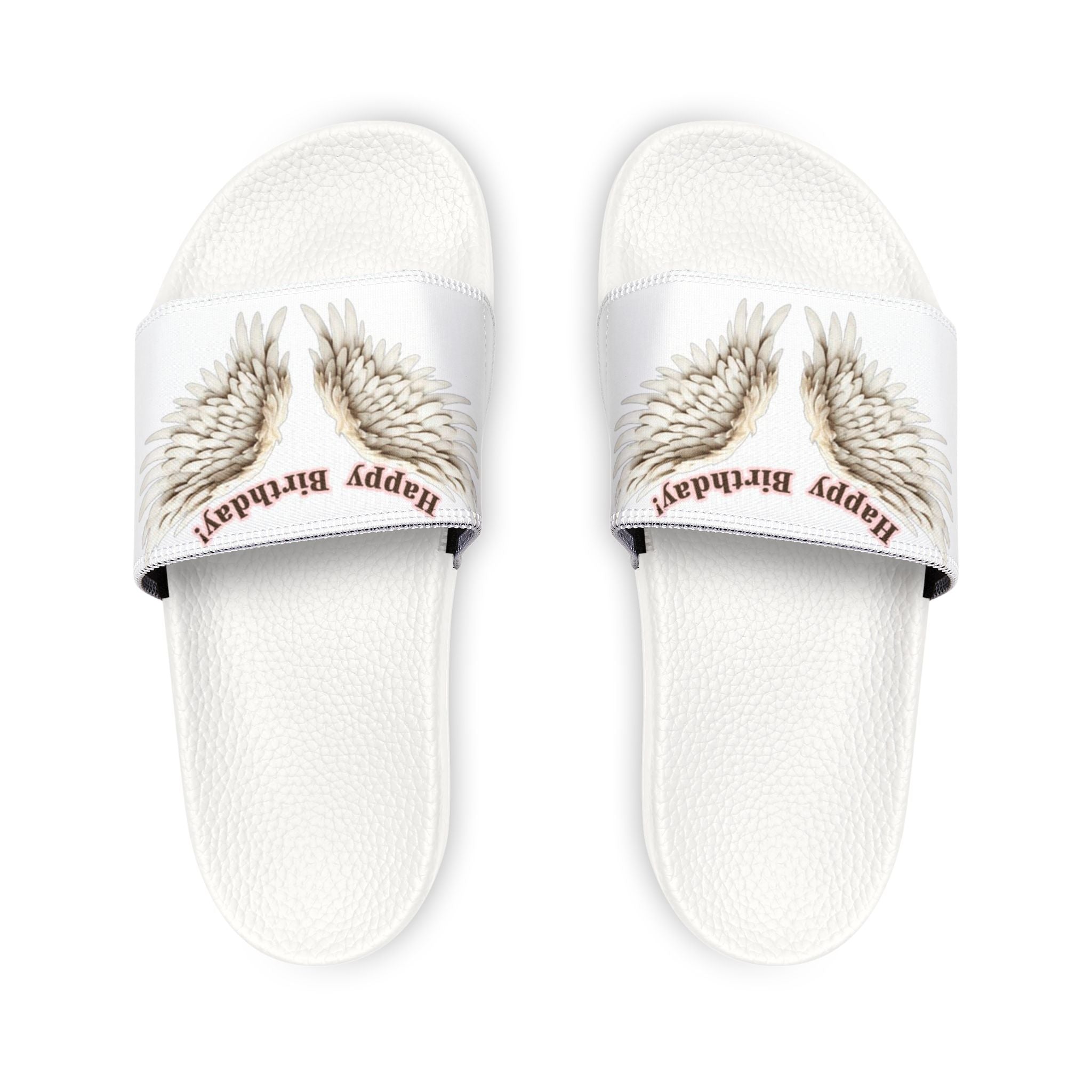 Youth Slide Sandals — "Happy Birthday" Feather Wings Design