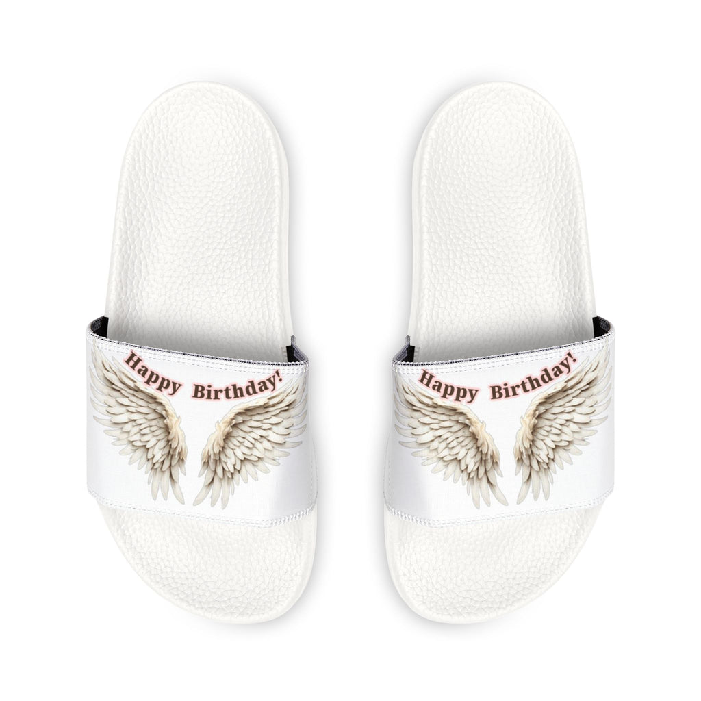 Youth Slide Sandals — "Happy Birthday" Feather Wings Design