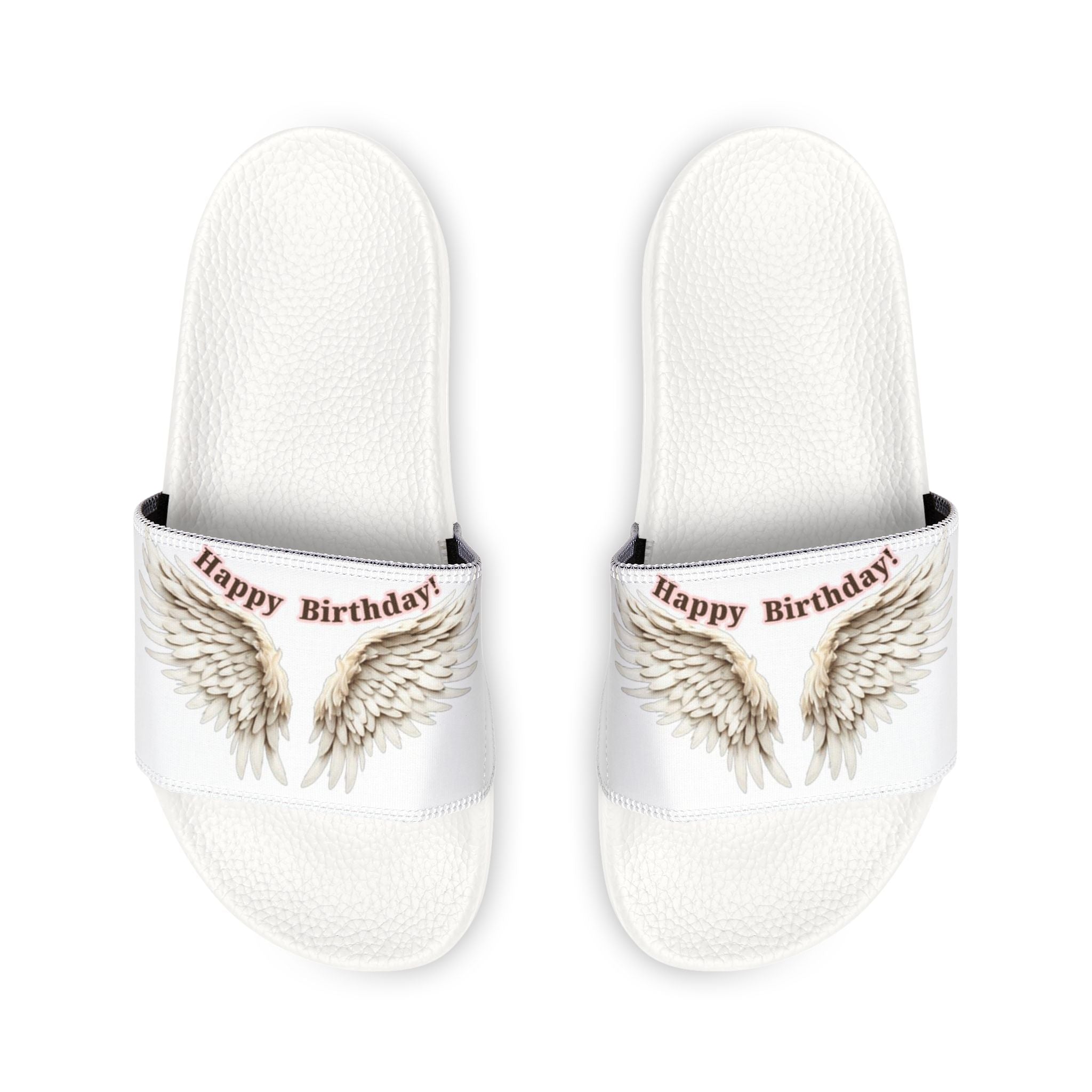 Youth Slide Sandals — "Happy Birthday" Feather Wings Design