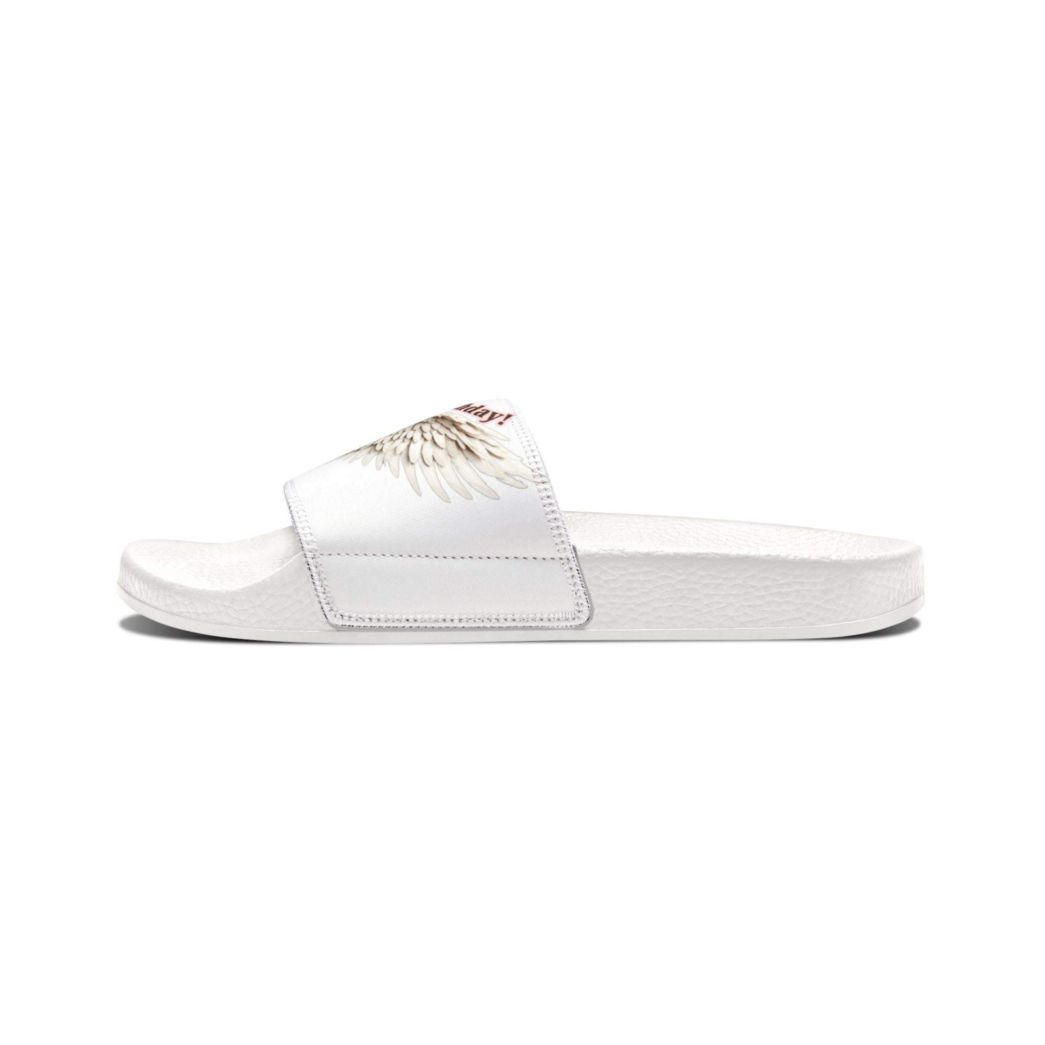 Youth Slide Sandals — "Happy Birthday" Feather Wings Design