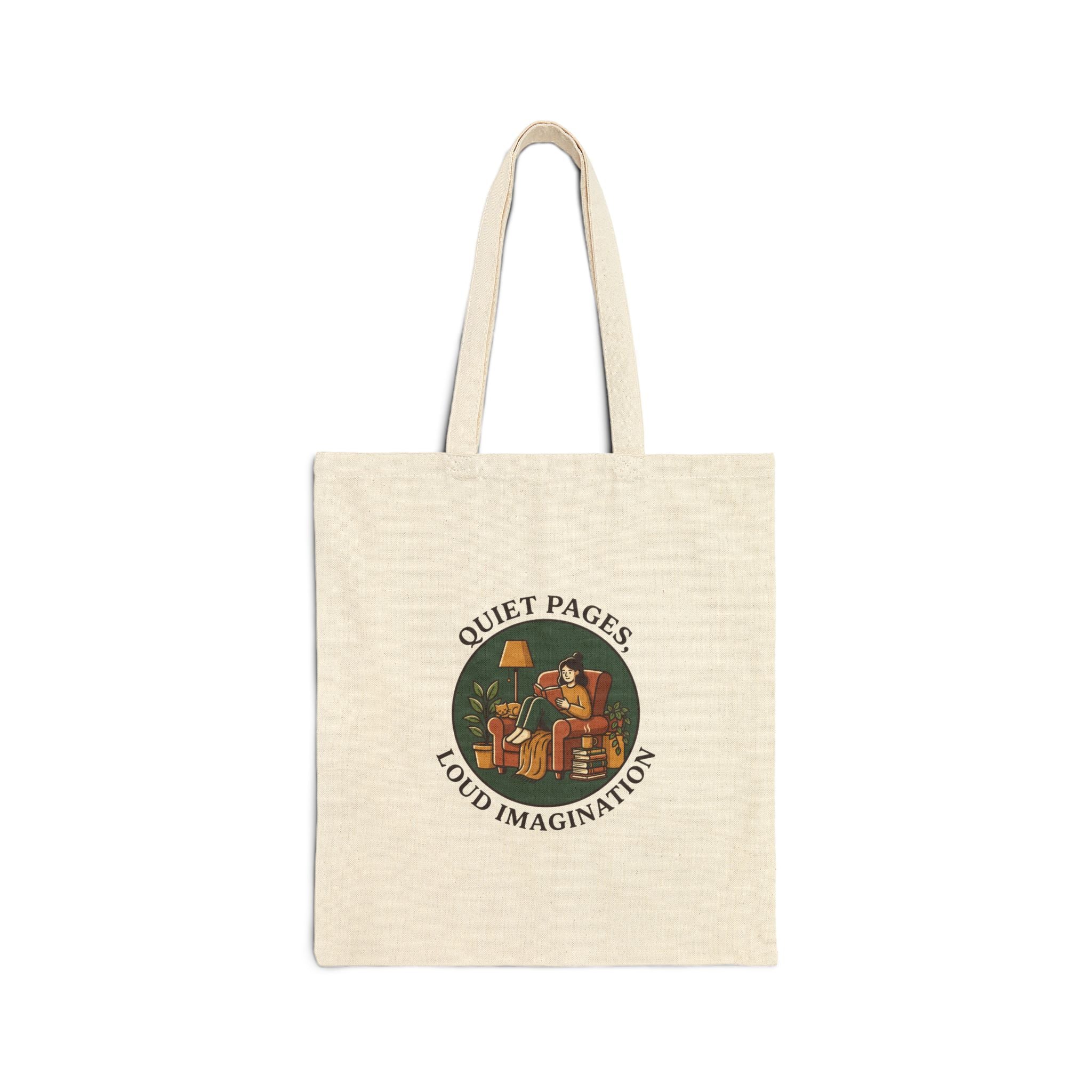Quiet Pages Loud Imagination Tote | book lover, cozy reading, library aesthetic