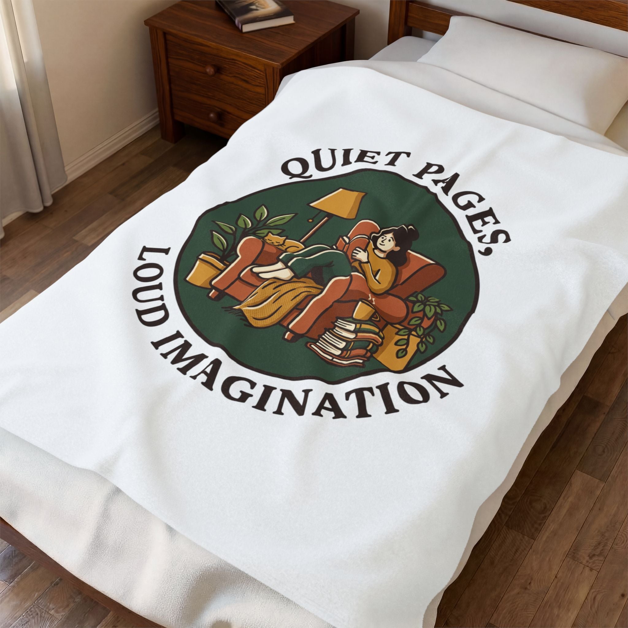 Quiet Pages Loud Imagination Velveteen Plush Blanket | Book Lover, Cozy Reading
