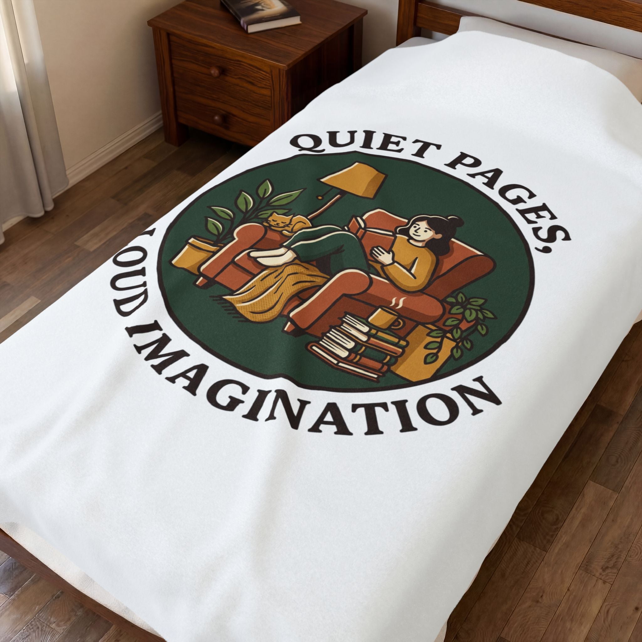 Quiet Pages Loud Imagination Velveteen Plush Blanket | Book Lover, Cozy Reading