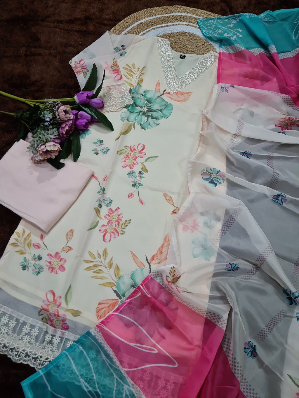 Madhuri — Nylon Taby Sequence Embroidery Kurti Set with Dupatta