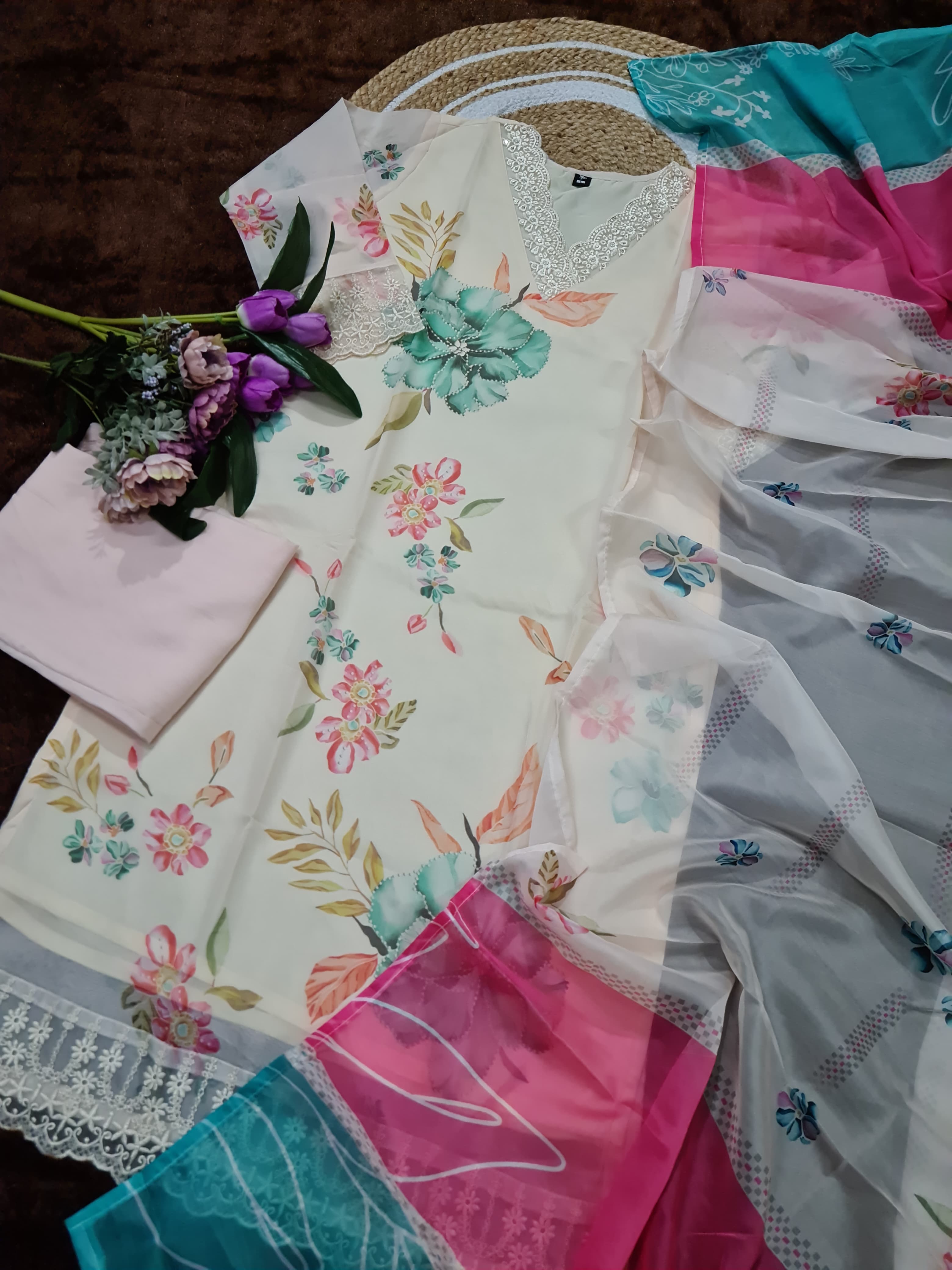 Madhuri — Nylon Taby Sequence Embroidery Kurti Set with Dupatta