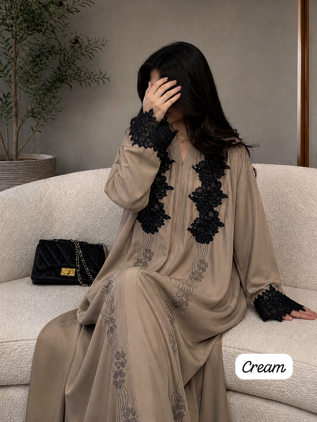 Imported TikTok Fabric Fancy Lace Diamond Work Front Close Burqa with Black Dupatta